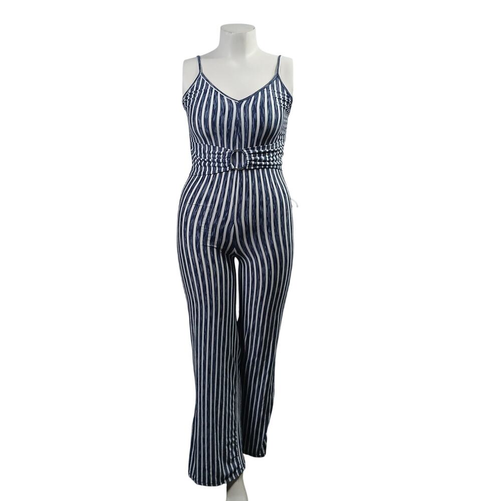 Italy Moda Blue White Striped Belted Wide Leg Jumpsuit Size 1